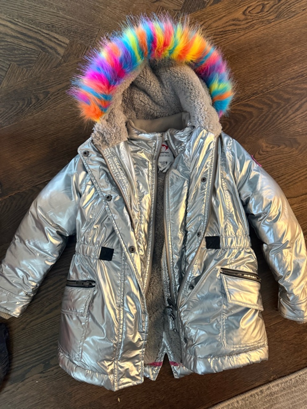 Appaman Silver Metallic Puffer Jacket with Cream Sherpa Lining